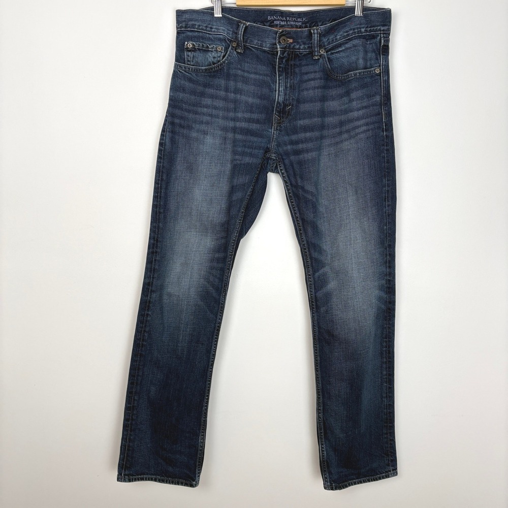 Banana Republic Mens Vintage Straight Denim Blue Jeans Sz 34x32 Whiskered Cowboy